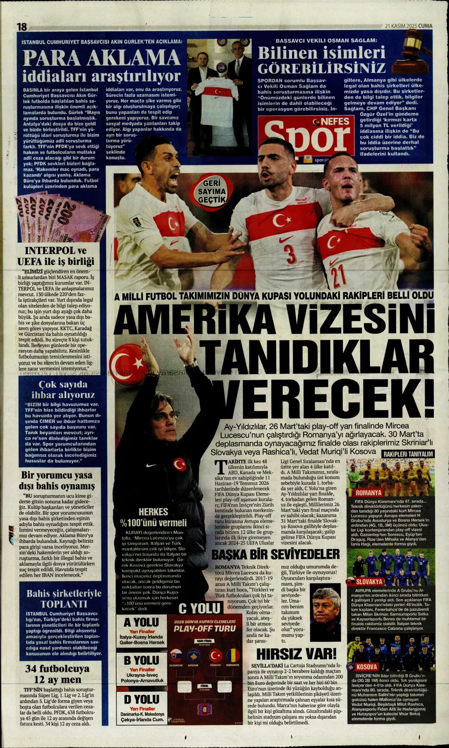 "Balkan turuyla Amerika'ya" (21 Kasım 2025 spor manşetleri) 5