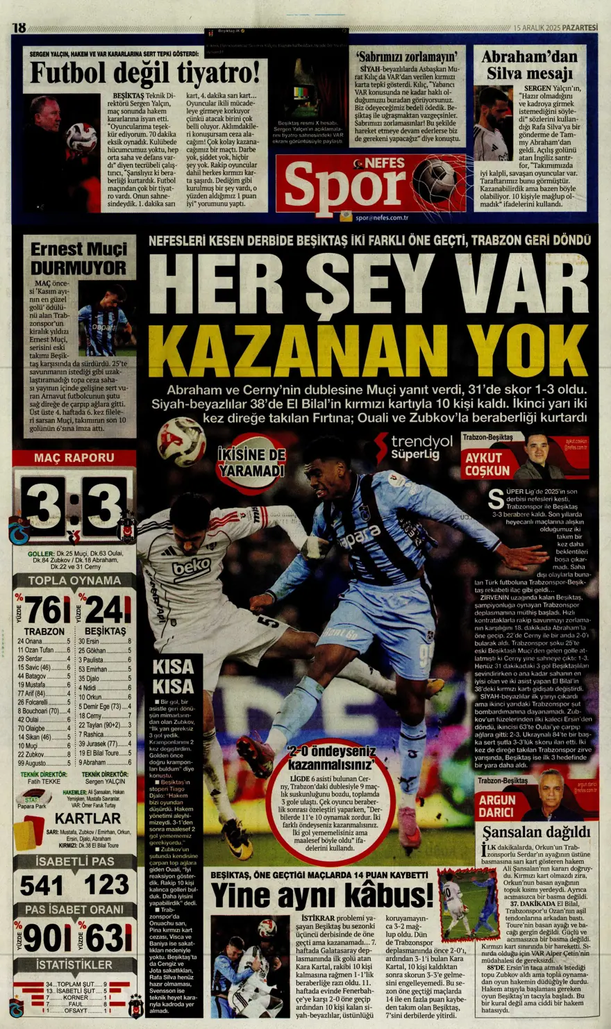 "Her şey var, kazanan yok" (15 Aralık 2025 spor manşetleri) 2 "Her şey var, kazanan yok" (15 Aralık 2025 spor manşetleri) 2