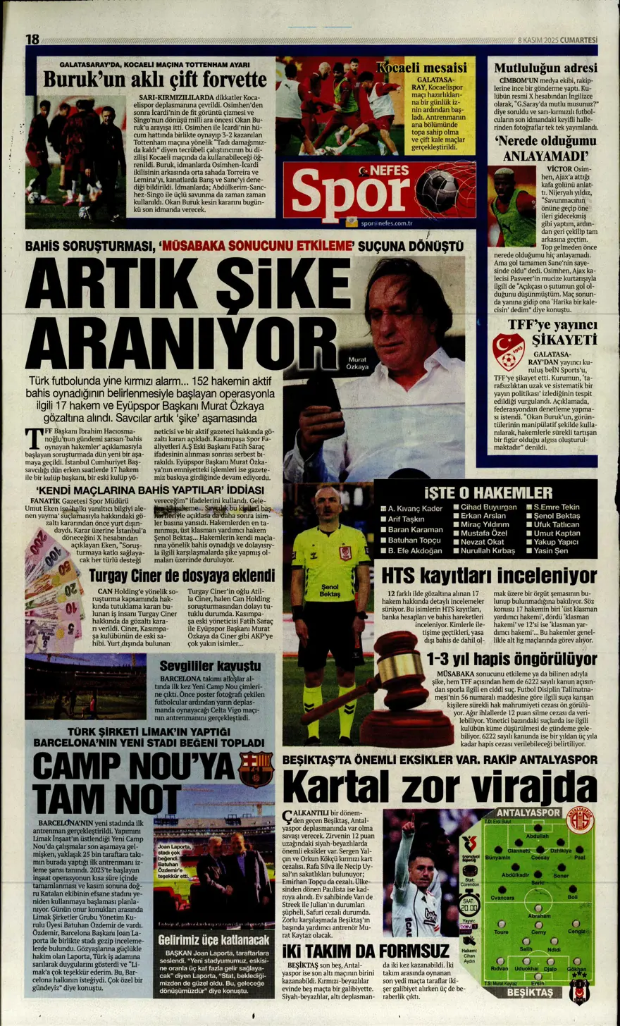 "Bahis ve şike depremi" (8 Kasım 2025 spor manşetleri) 8