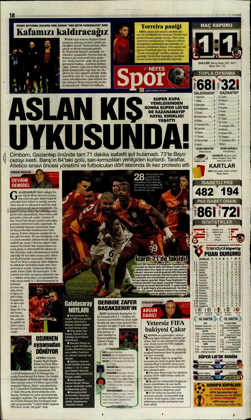"Yetiş Osimhen" (18 Ocak 2026 spor manşetleri) 5