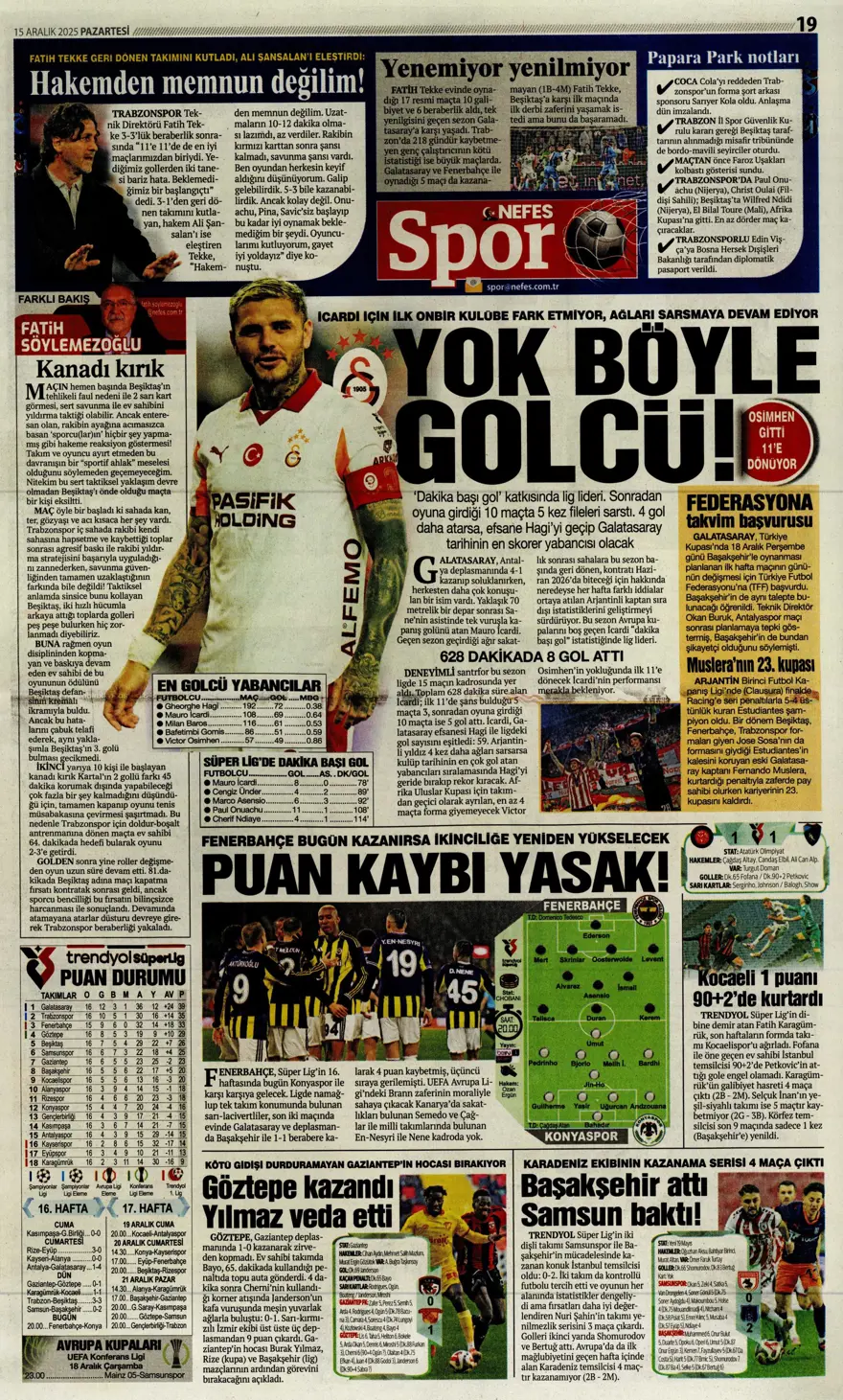 "Her şey var, kazanan yok" (15 Aralık 2025 spor manşetleri) 5 "Her şey var, kazanan yok" (15 Aralık 2025 spor manşetleri) 5