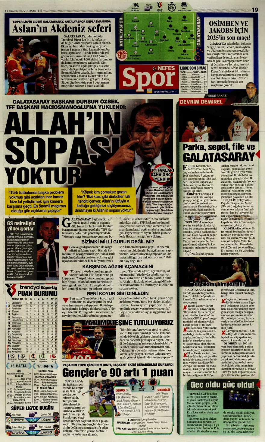 "Avrupa tamam, sıra ligde" (13 Aralık 2025 spor manşetleri) 10