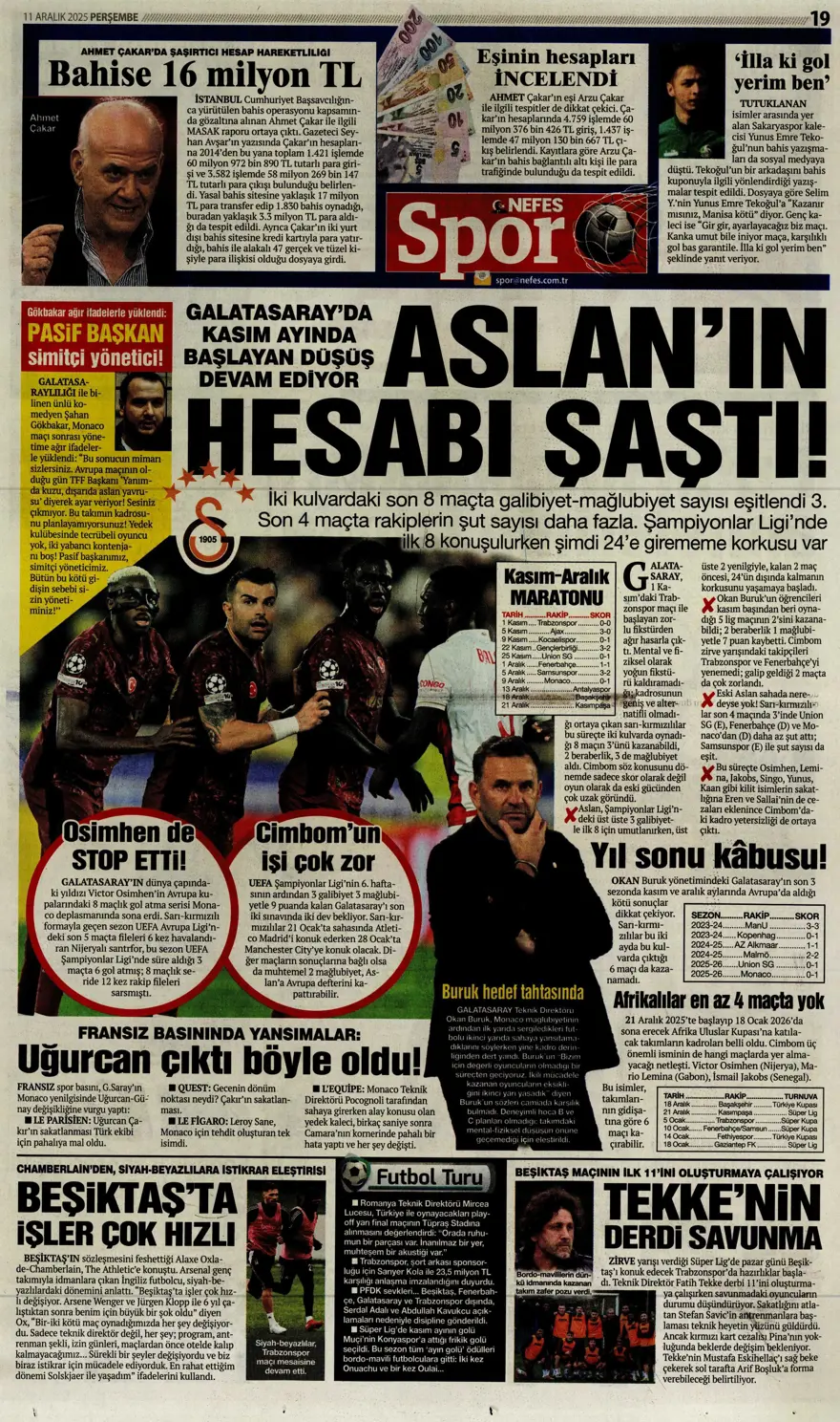 "Zafer yakışır" (11 Aralık 2025 spor manşetleri)
 10