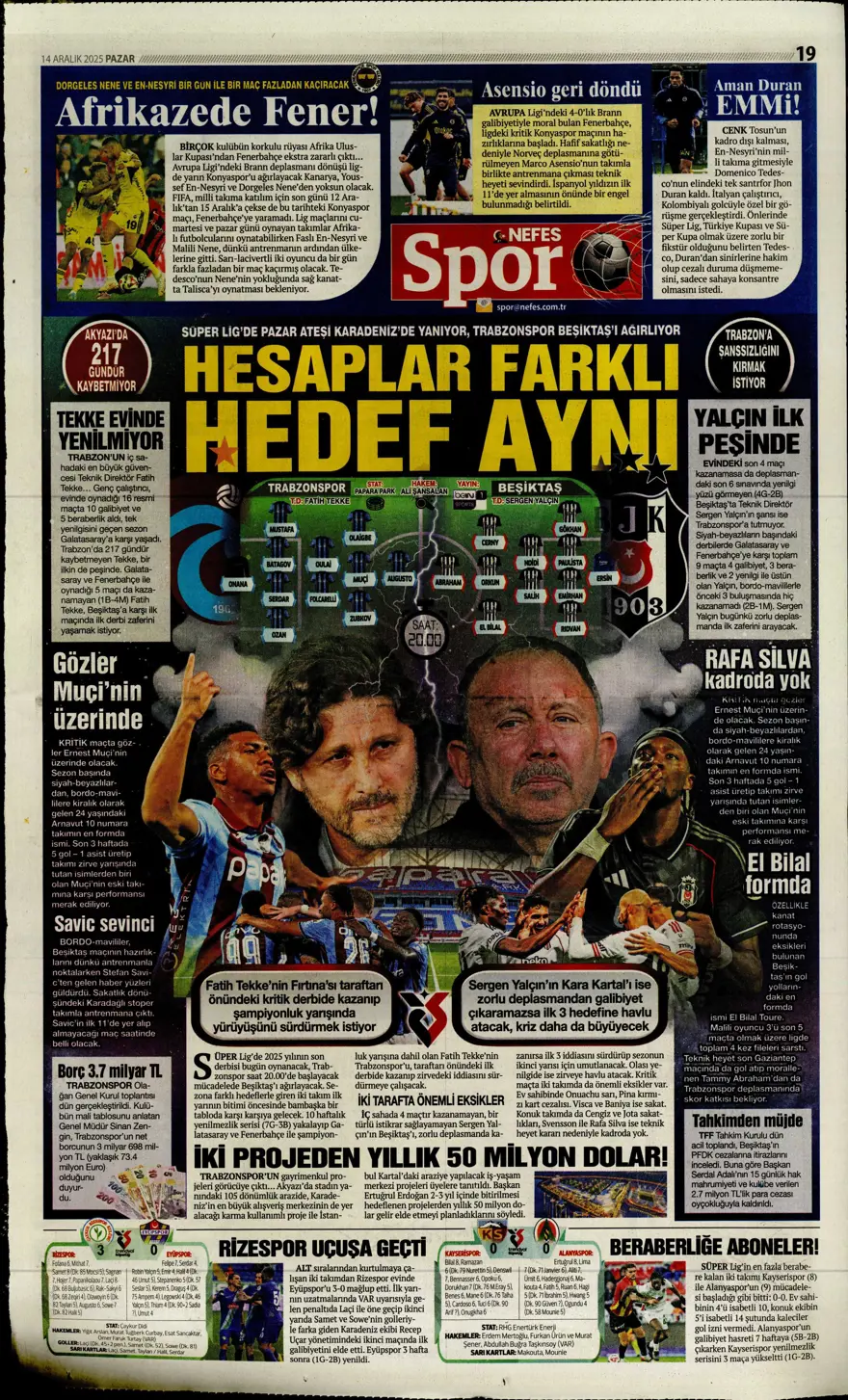 "Derbi ateşi" (14 Aralık 2025 spor manşetleri) 2