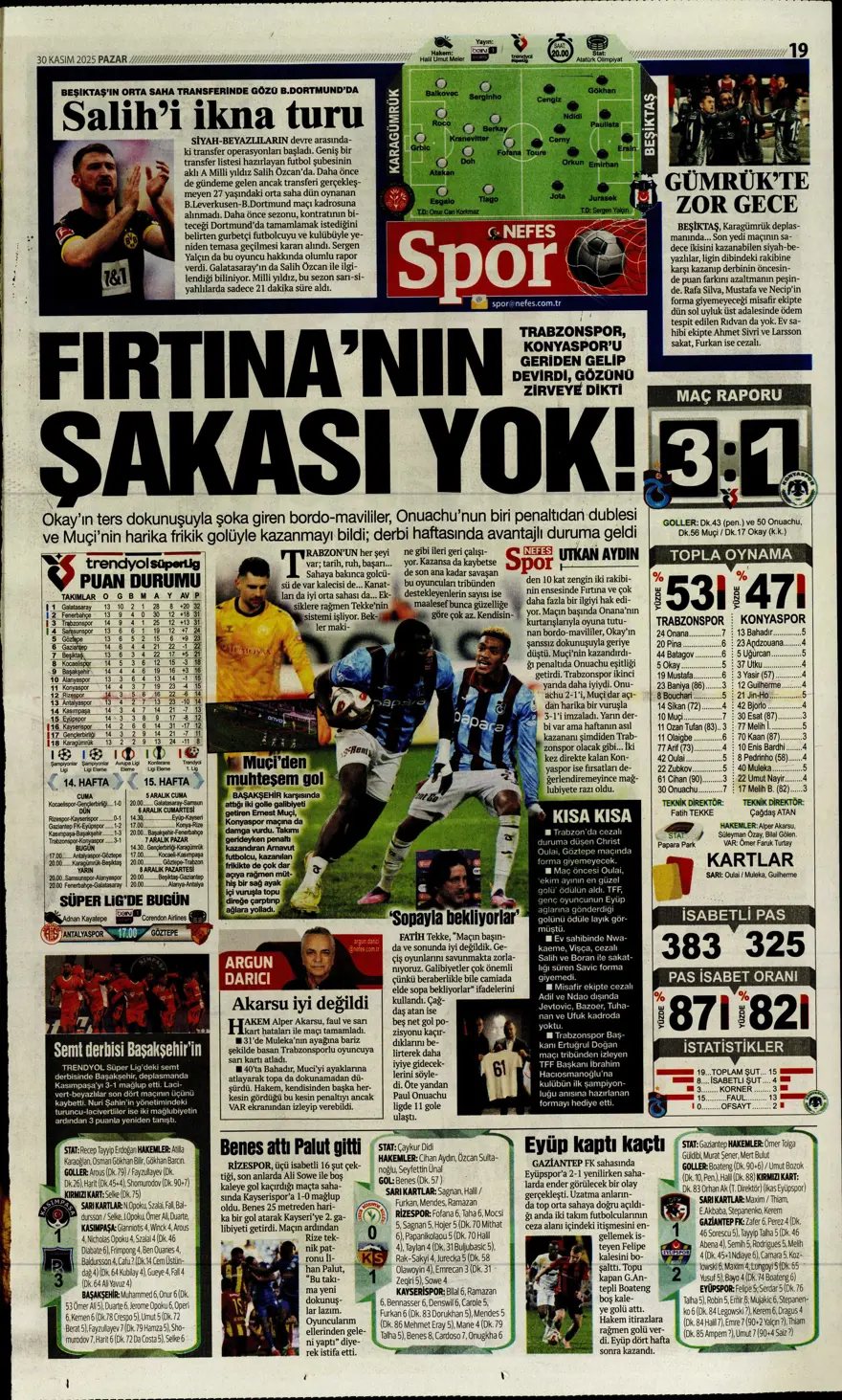 "Zirvede fırtına" (30 Kasım 2025 spor manşetleri) 5