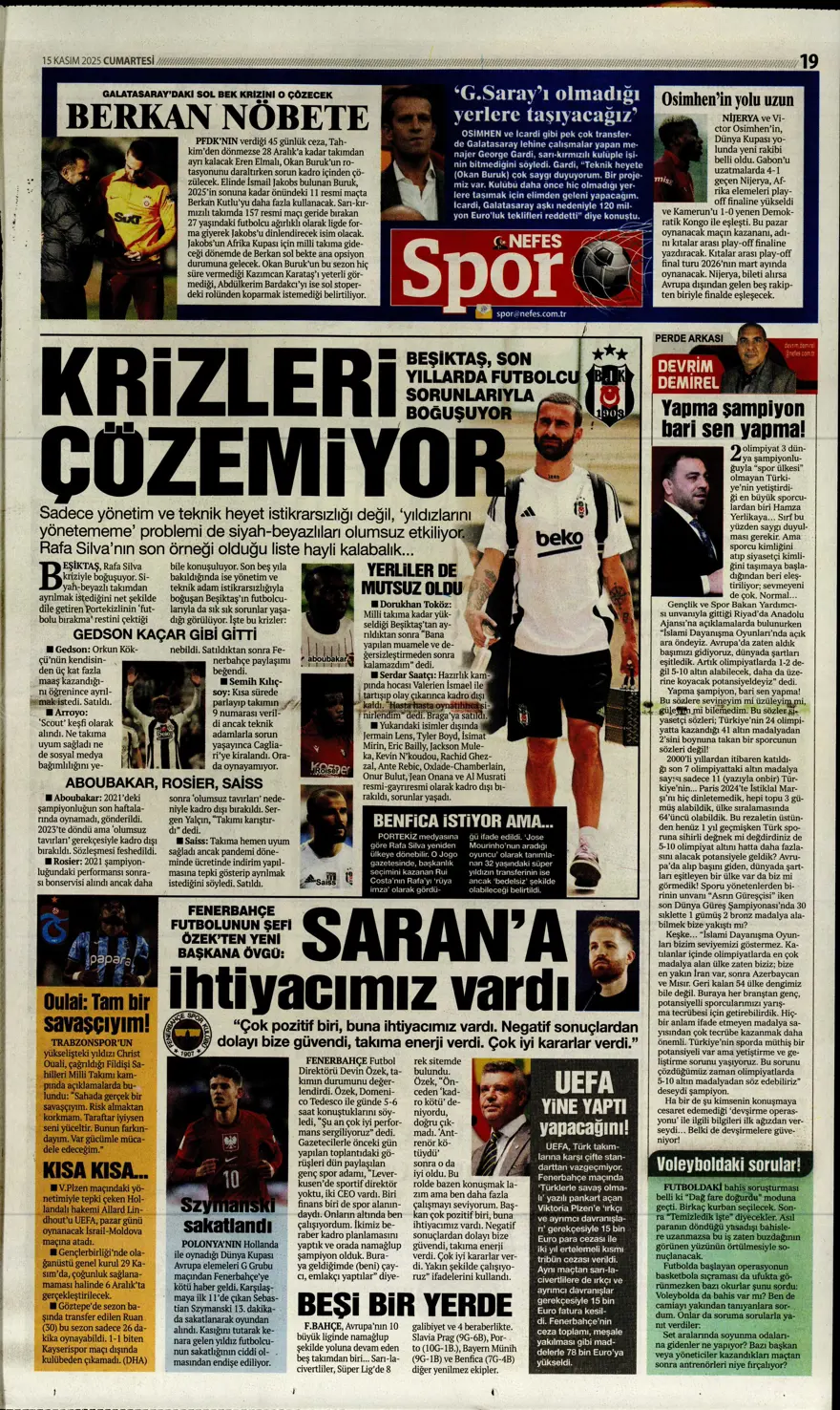 "Parola zafer" (15 Kasım 2025 spor manşetleri) 3