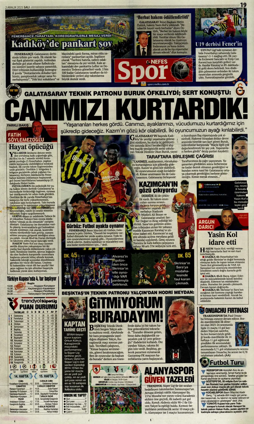 "Aslan salladı, Kanarya yıkılmadı" (2 Aralık 2025 spor manşetleri) 17