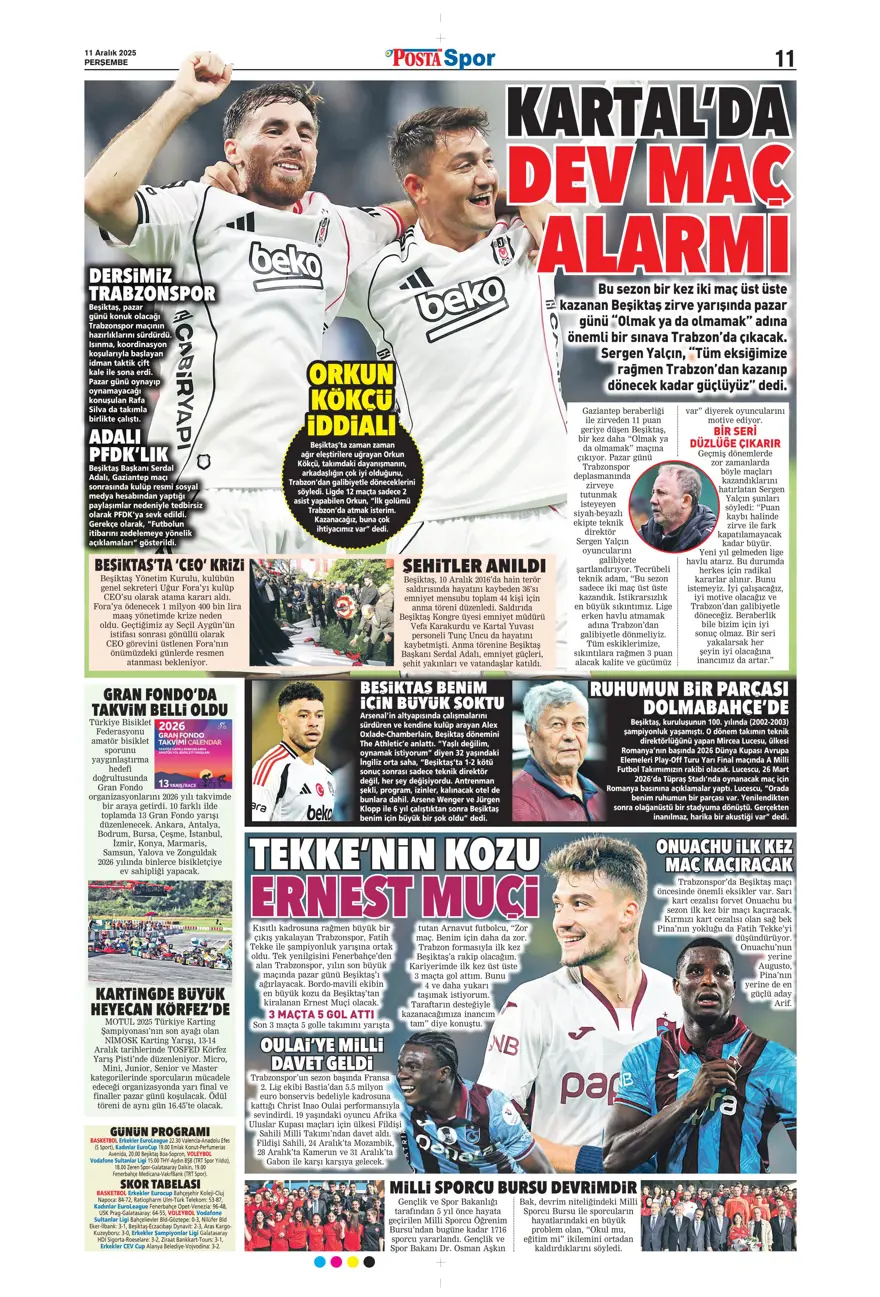 "Zafer yakışır" (11 Aralık 2025 spor manşetleri)
 14