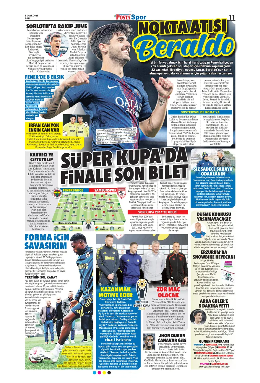 Galatasaray'dan finale pençe (6 Ocak 2026 spor manşetleri) 6