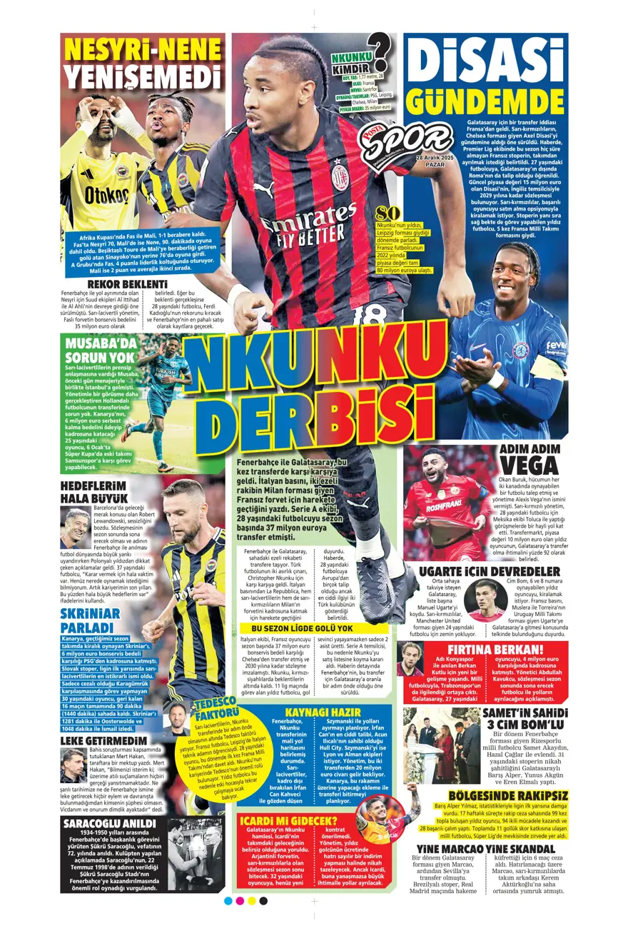 "Nkunku derbisi" (28 Aralık 2025 spor manşetleri) 2