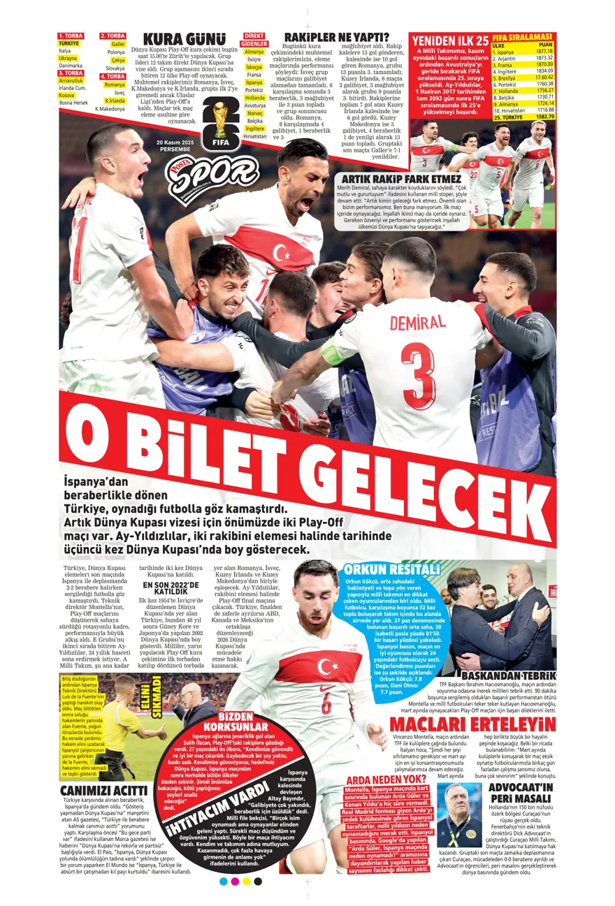 "O bilet gelecek" (20 Kasım 2025 spor manşetleri) 