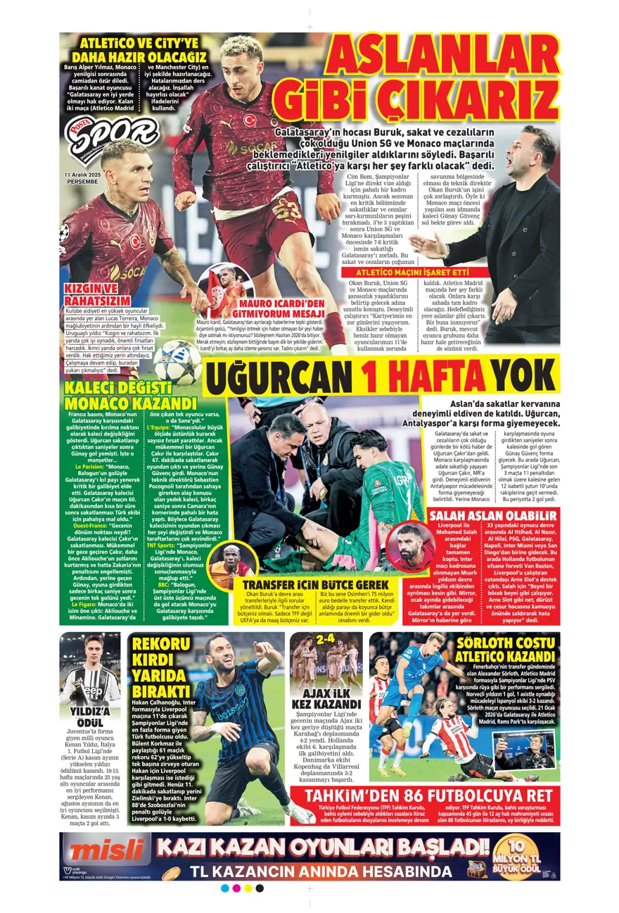 "Zafer yakışır" (11 Aralık 2025 spor manşetleri)
 11