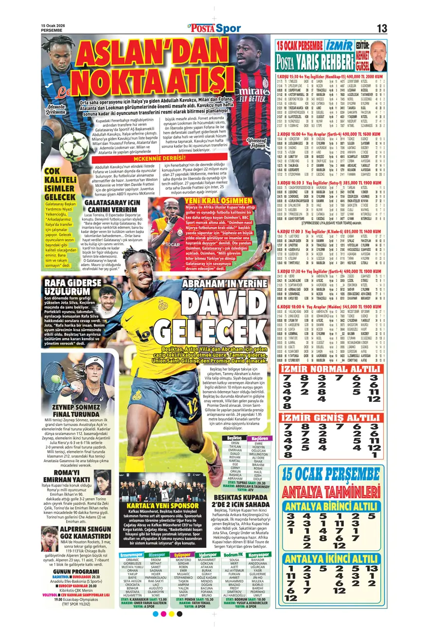 "Orta sahaya nokta atışı" (15 Ocak 2026 spor manşetleri) 2 "Orta sahaya nokta atışı" (15 Ocak 2026 spor manşetleri) 2