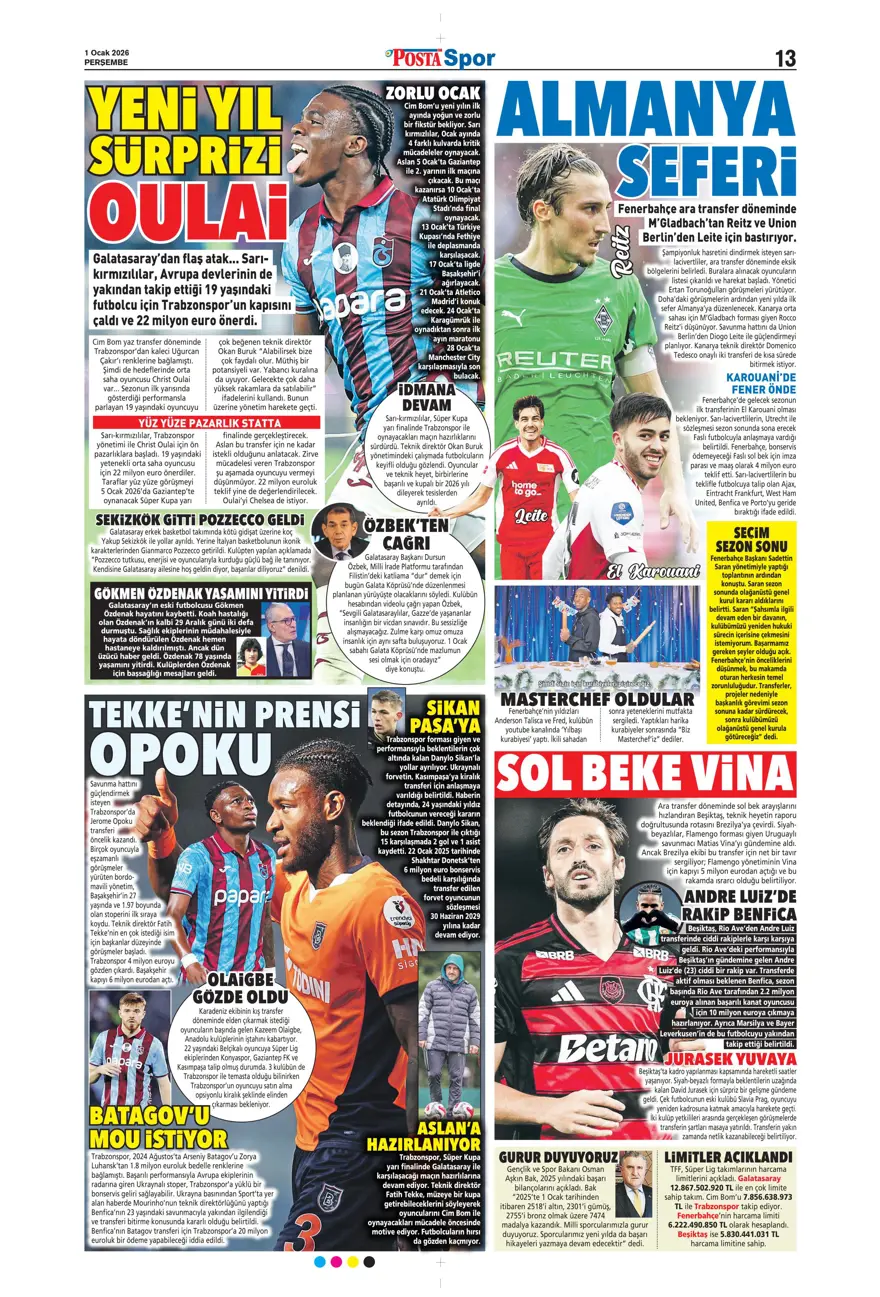 "Kiralık çözümü Ugarte" (1 Ocak 2026 spor manşetleri)
 3