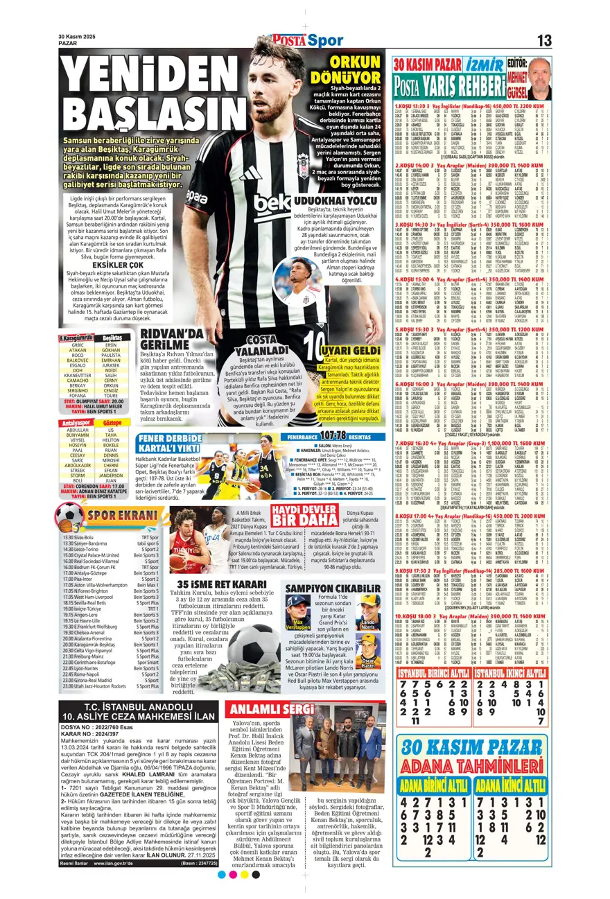 "Zirvede fırtına" (30 Kasım 2025 spor manşetleri) 9