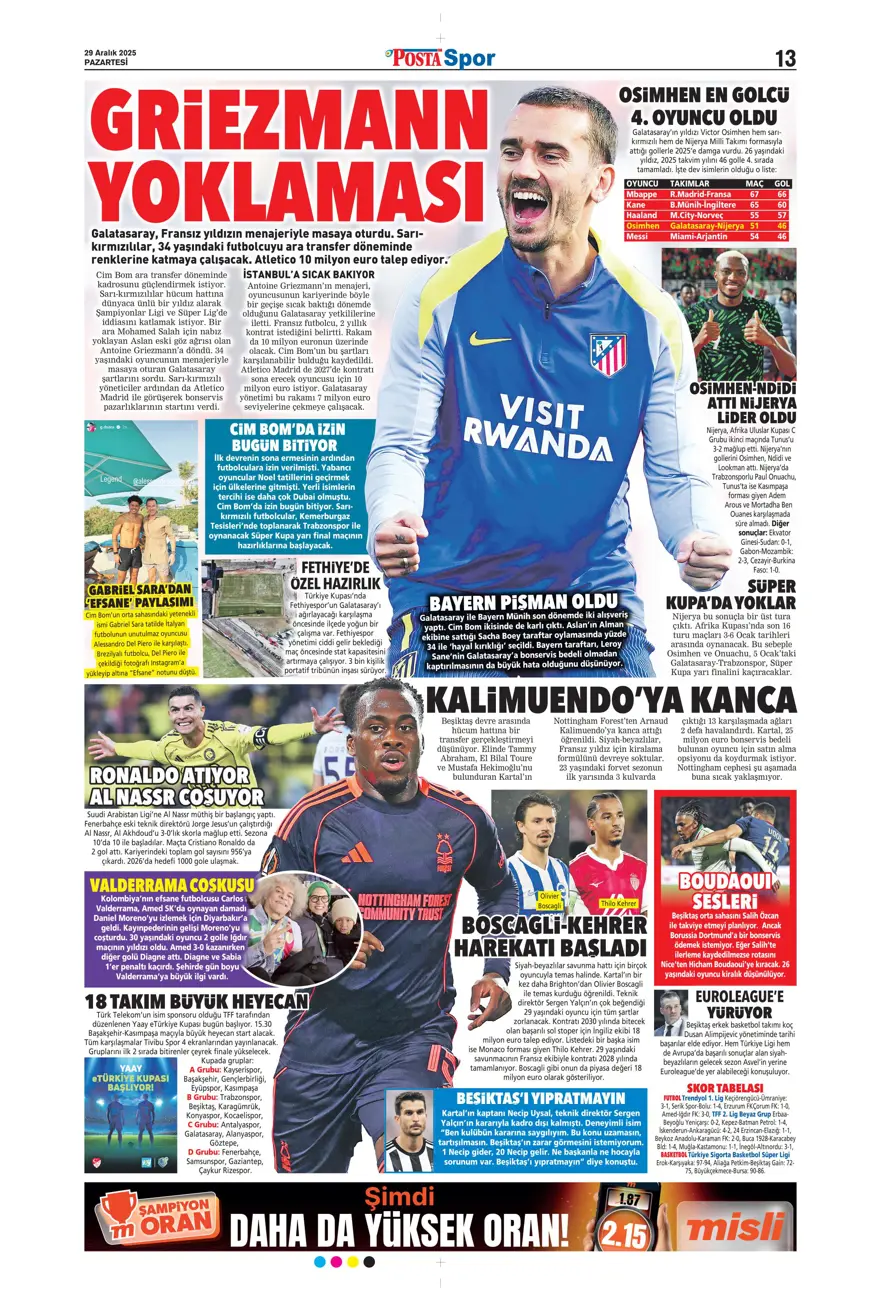"Messi'yi solladı" (29Aralık 2025 spor manşetleri)
 15