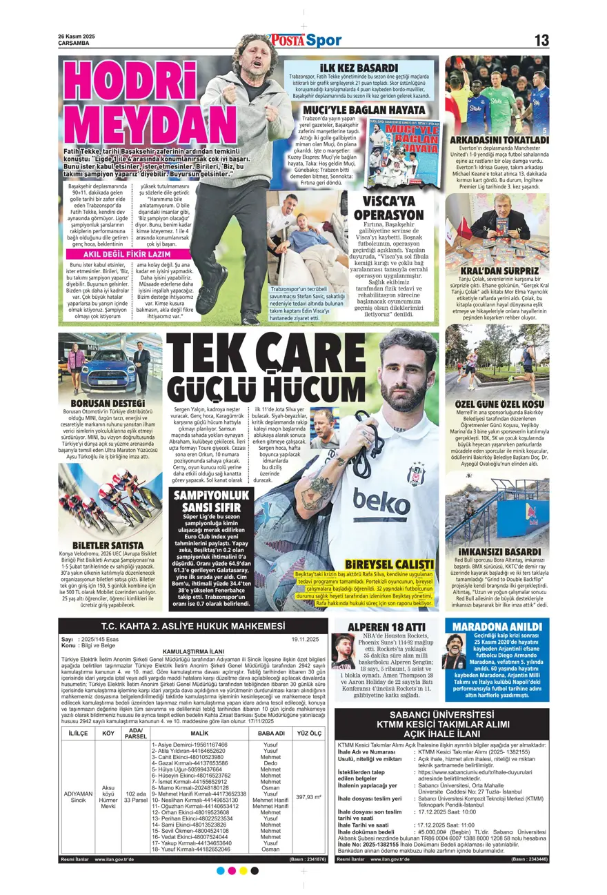 "Aslan fırsat tepti" (26 Kasım 2025 spor manşetleri) 27
