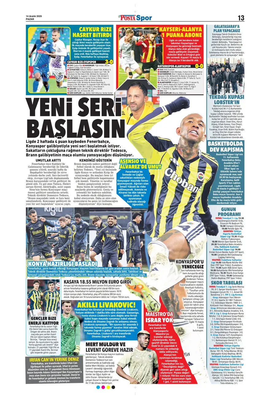 "Derbi ateşi" (14 Aralık 2025 spor manşetleri) 11