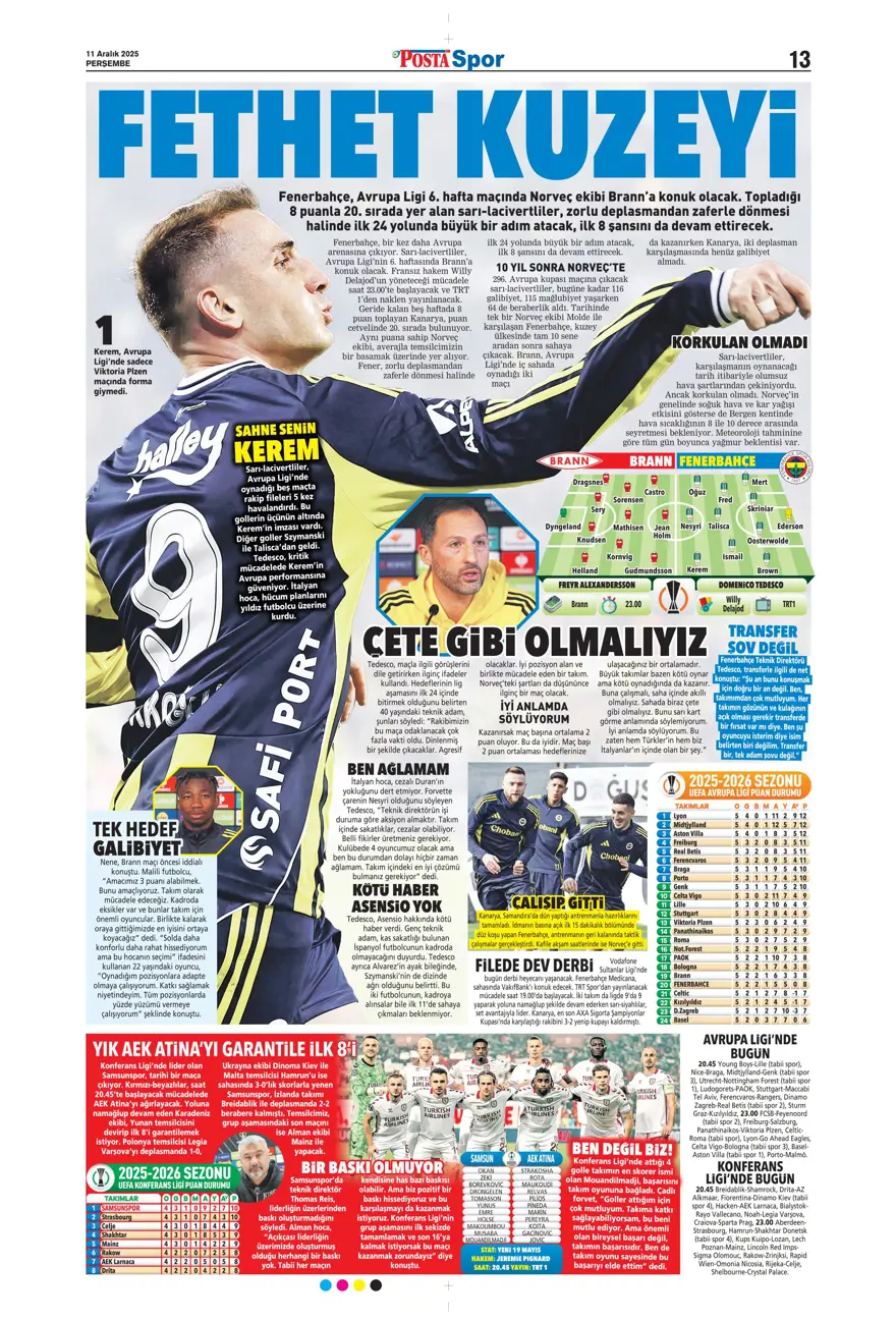 "Zafer yakışır" (11 Aralık 2025 spor manşetleri)
 19