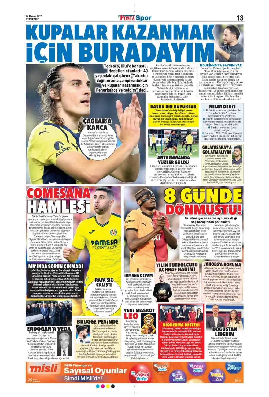 "O bilet gelecek" (20 Kasım 2025 spor manşetleri) 28