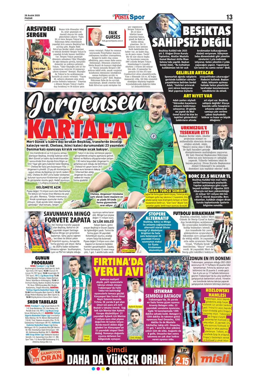 "Nkunku derbisi" (28 Aralık 2025 spor manşetleri) 11