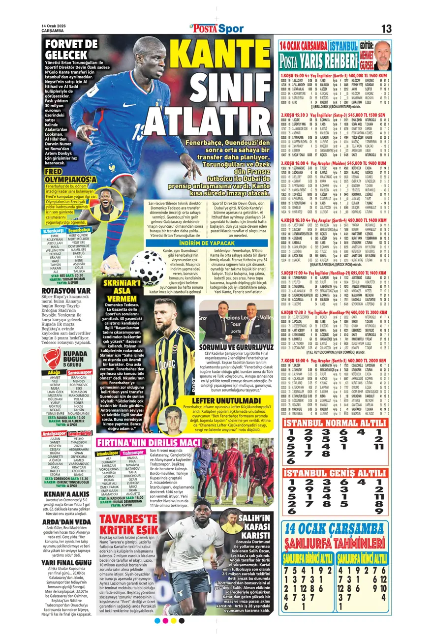 "Fenerbahçe'de Kante haftası" (14 Ocak 2026 spor manşetleri) 8