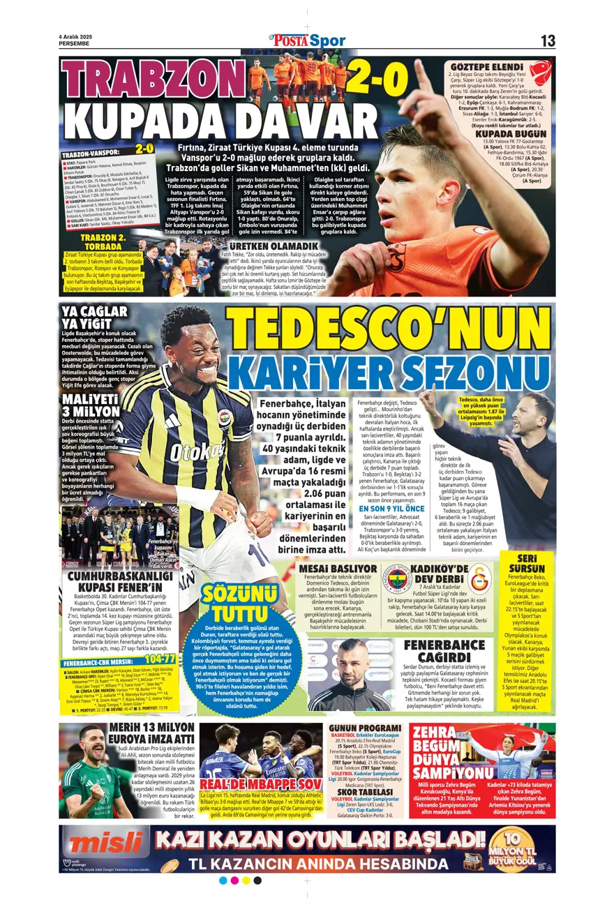 "Kupada da fırtına gibi" (4 Aralık 2025 spor manşetleri) 12