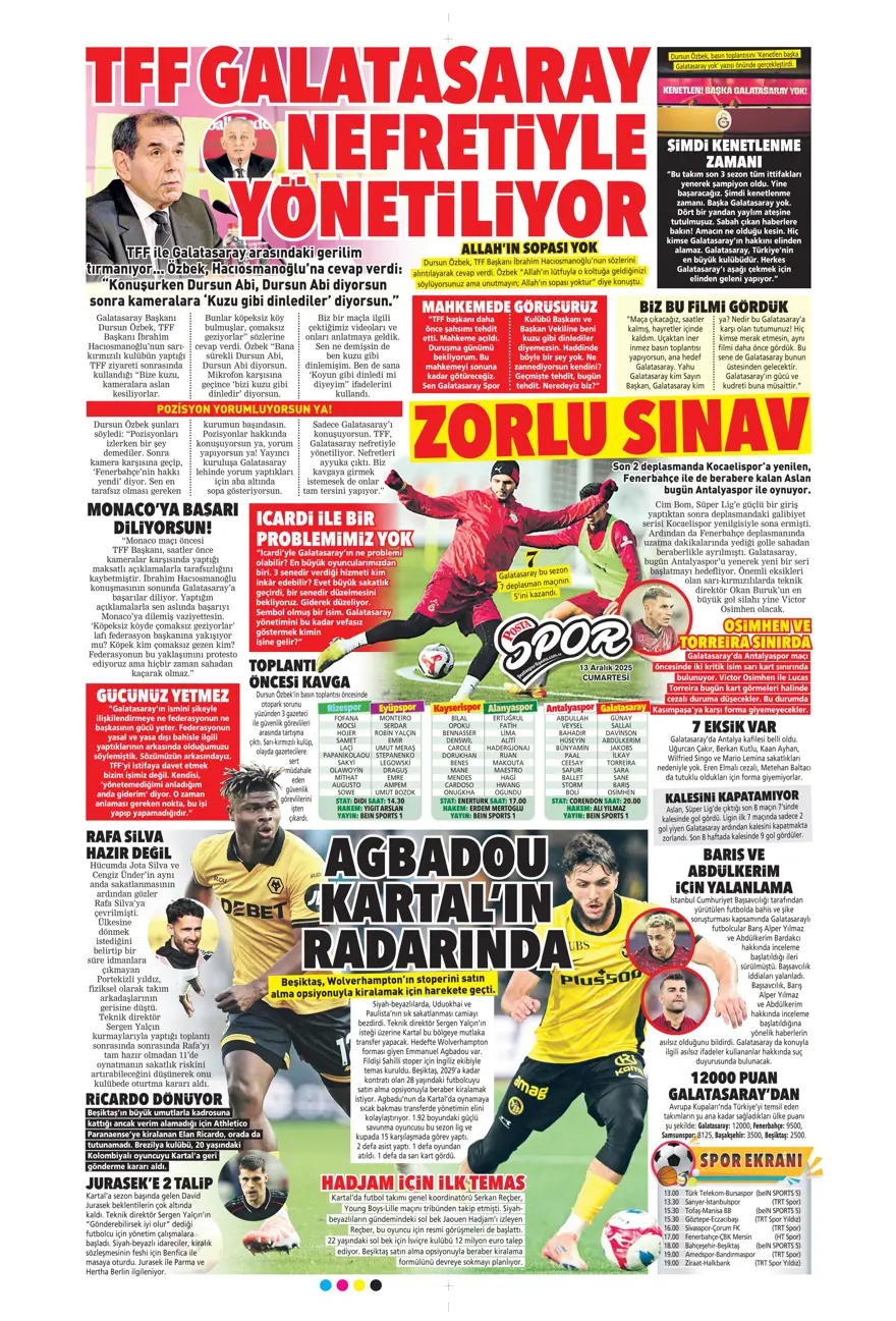 "Avrupa tamam, sıra ligde" (13 Aralık 2025 spor manşetleri) 13