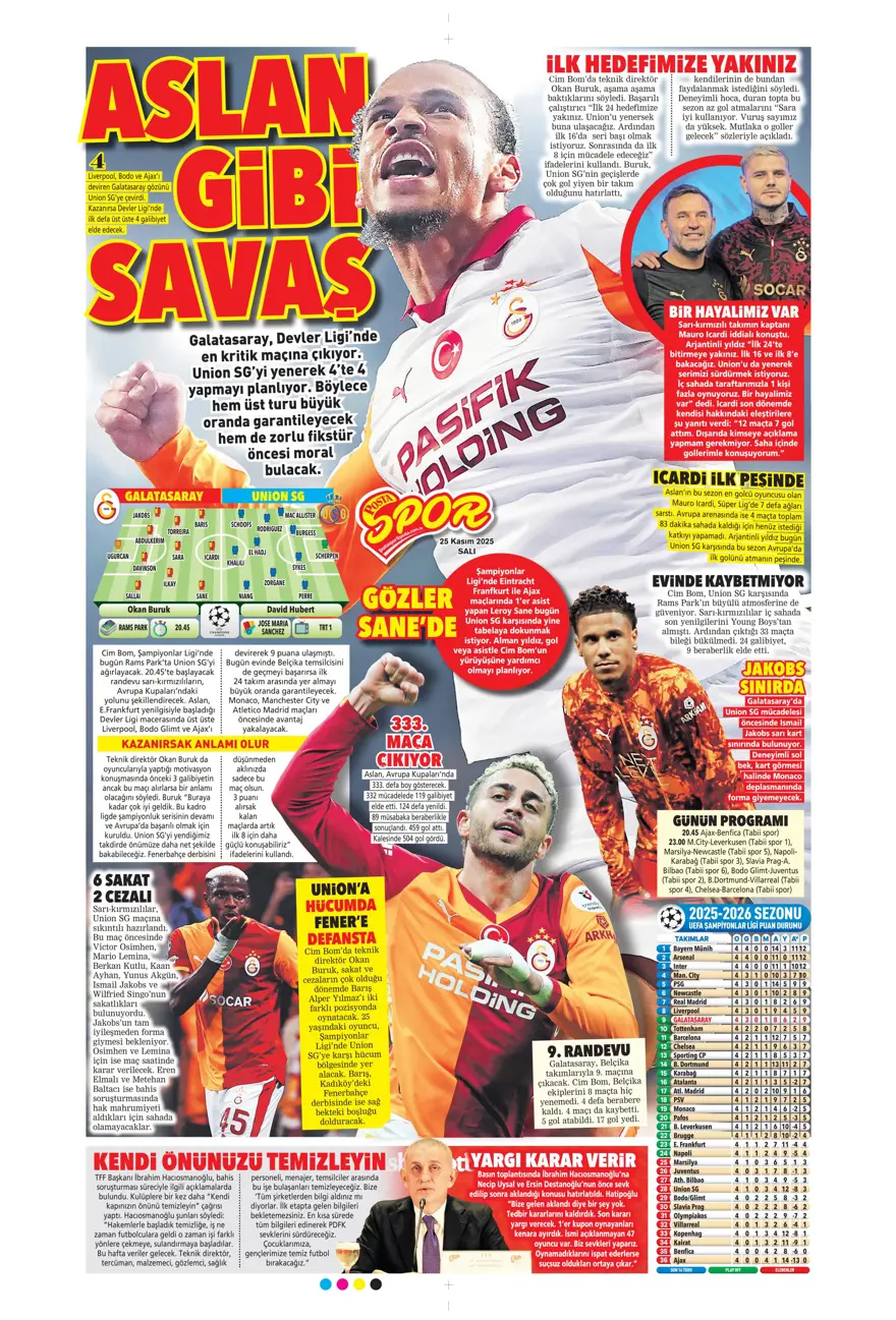 "Aslan'ın yeni avı Union SG" (25 Kasım 2025 spor manşetleri) 29