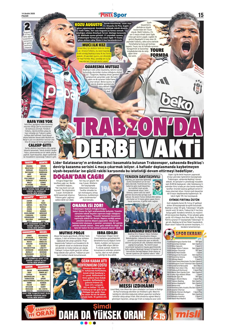 "Derbi ateşi" (14 Aralık 2025 spor manşetleri) 21