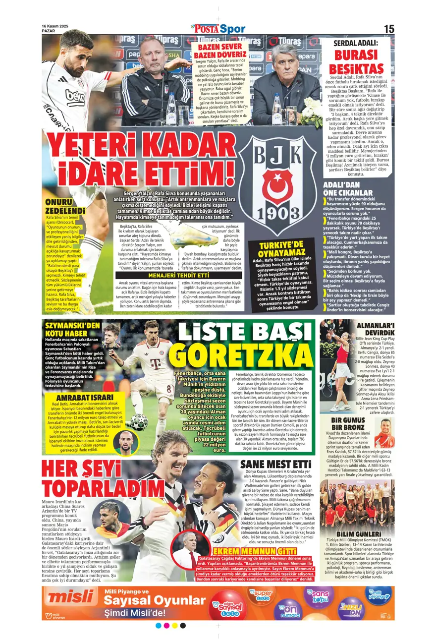 "Bekle bizi Amerika" (16 Kasım 2025 spor manşetleri) 17