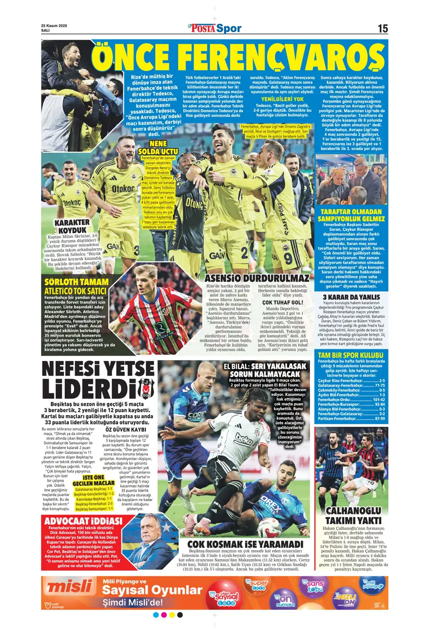 "Aslan'ın yeni avı Union SG" (25 Kasım 2025 spor manşetleri) 25