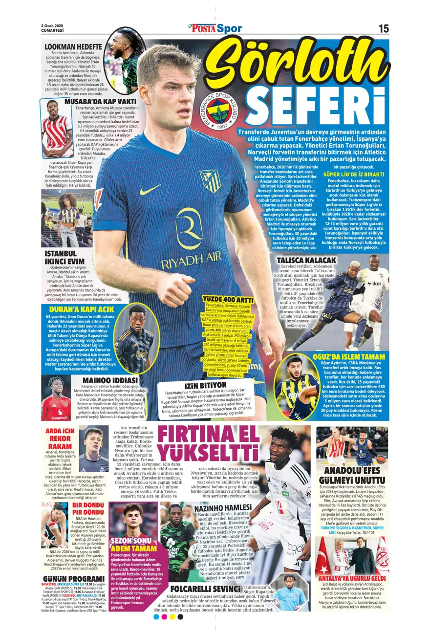 "Aslan'dan Salah teklifi" (3 Ocak 2026 spor manşetleri) 5