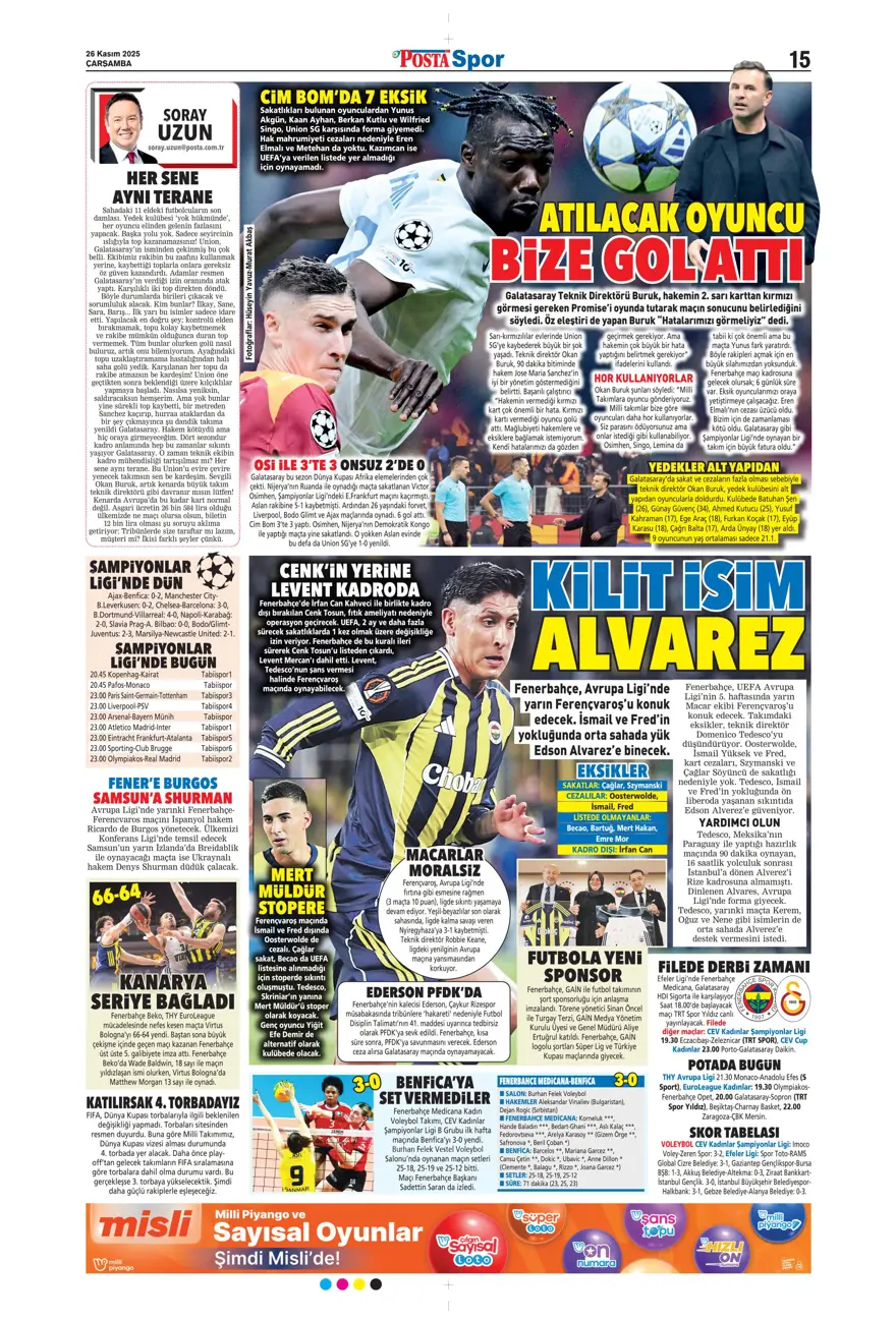 "Aslan fırsat tepti" (26 Kasım 2025 spor manşetleri) 20