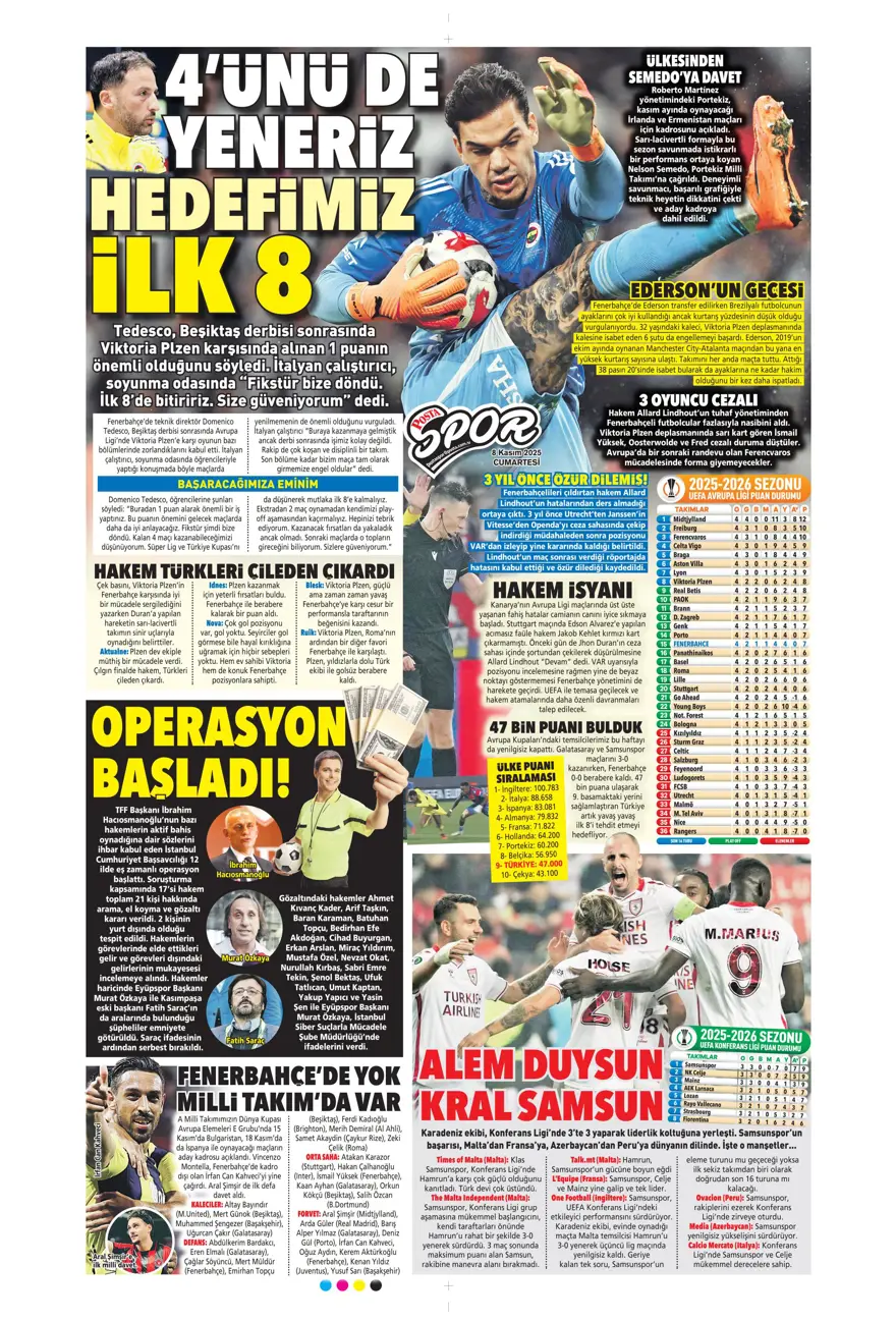 "Bahis ve şike depremi" (8 Kasım 2025 spor manşetleri) 15