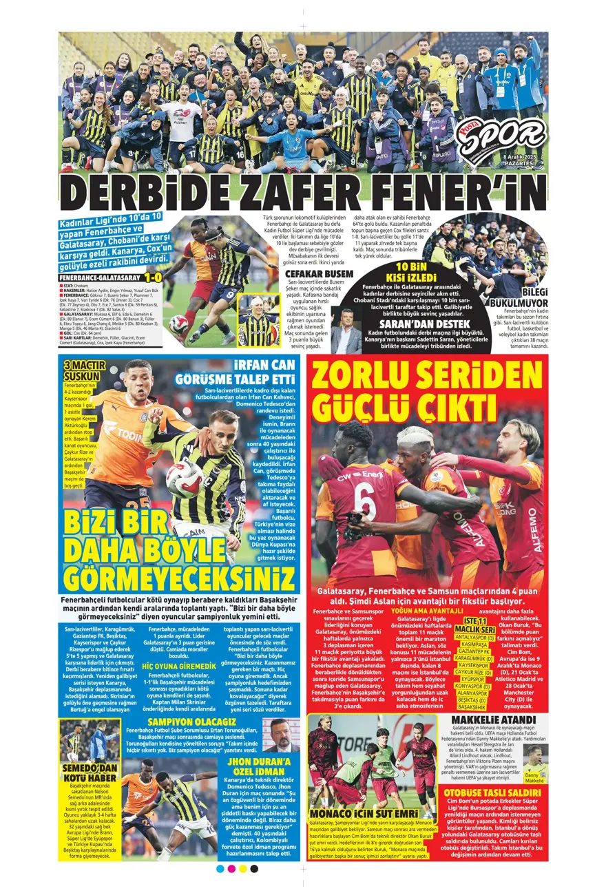 "Doludizgin fırtına" (8 Aralık 2025 spor manşetleri) 10