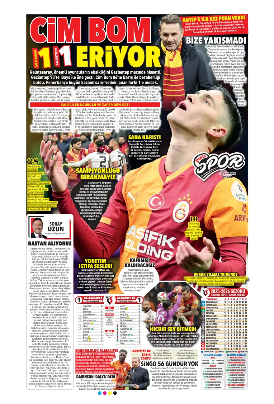 "Yetiş Osimhen" (18 Ocak 2026 spor manşetleri) 17