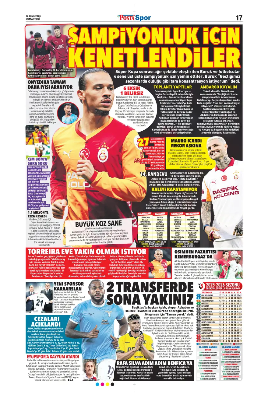 "Akıl oyunları" (17 Ocak 2026 spor manşetleri) 15