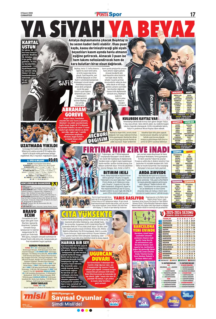 "Bahis ve şike depremi" (8 Kasım 2025 spor manşetleri) 14