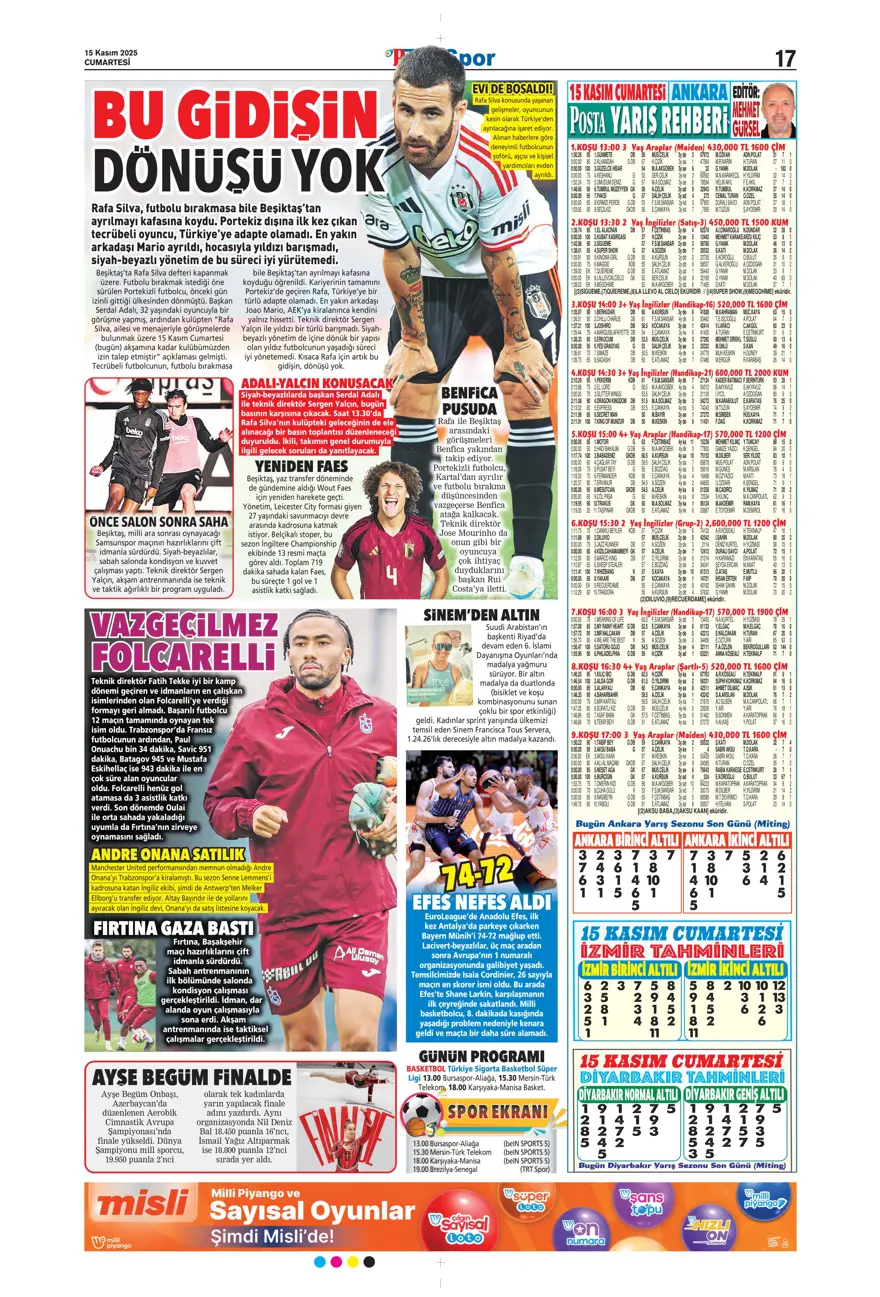 "Parola zafer" (15 Kasım 2025 spor manşetleri) 13