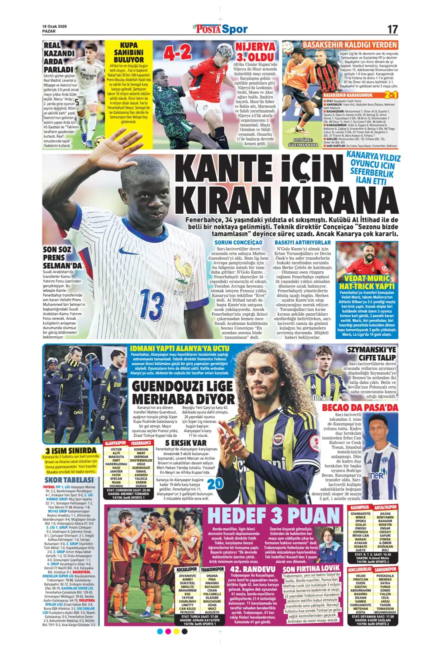 "Yetiş Osimhen" (18 Ocak 2026 spor manşetleri) 15