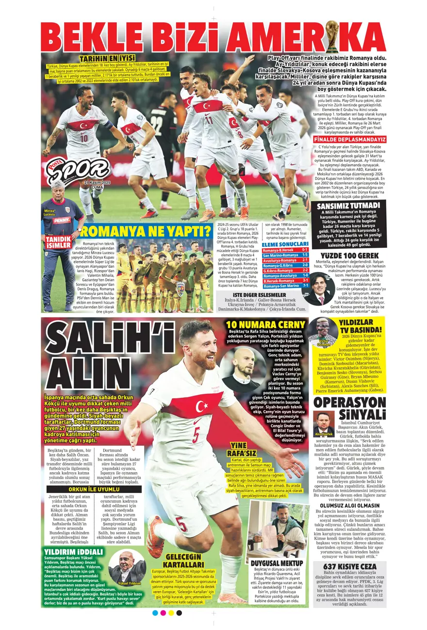 "Balkan turuyla Amerika'ya" (21 Kasım 2025 spor manşetleri) 1