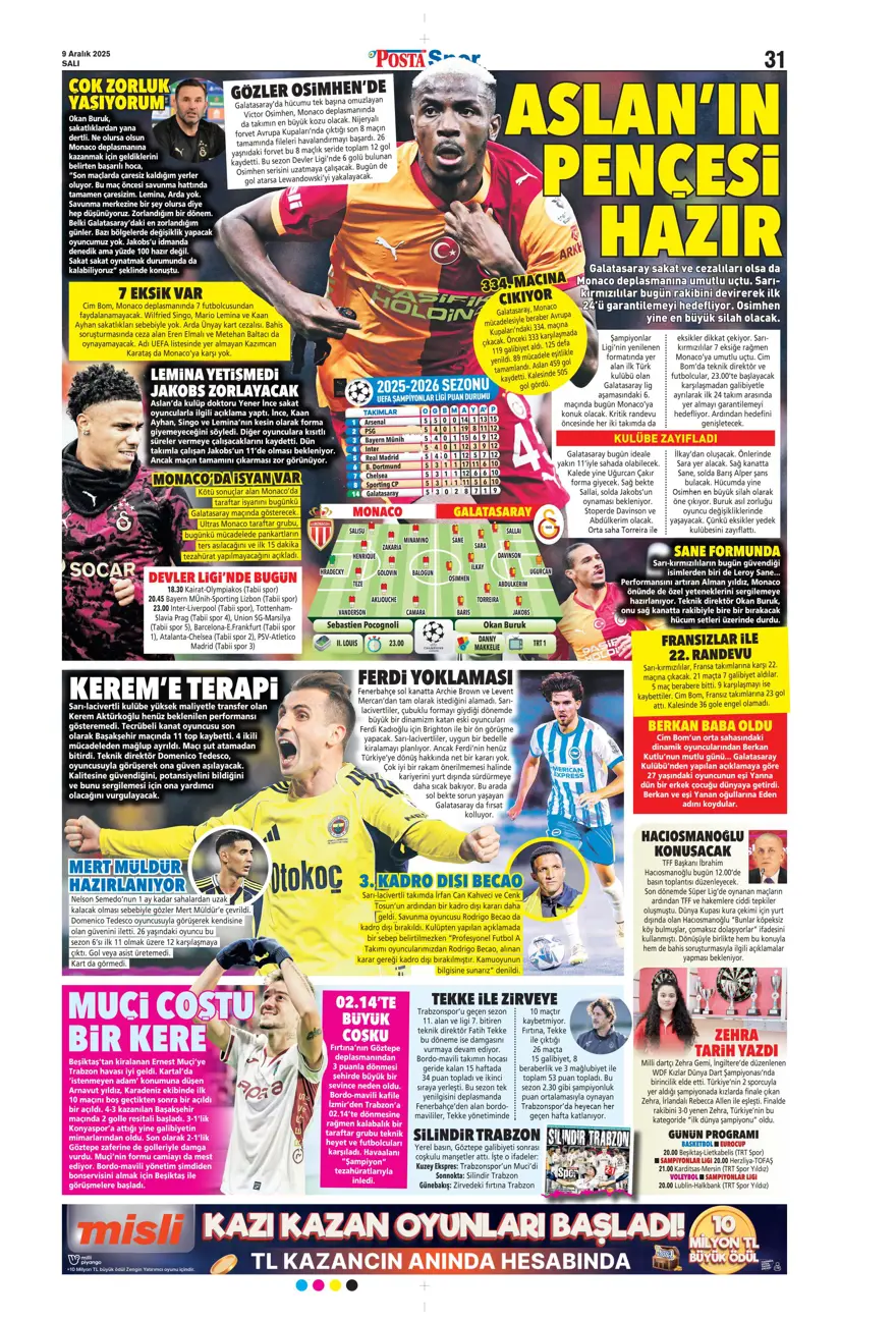 "Tedesco'nun başını rotasyon yaktı" (9 Aralık 2025 spor manşetleri) 18