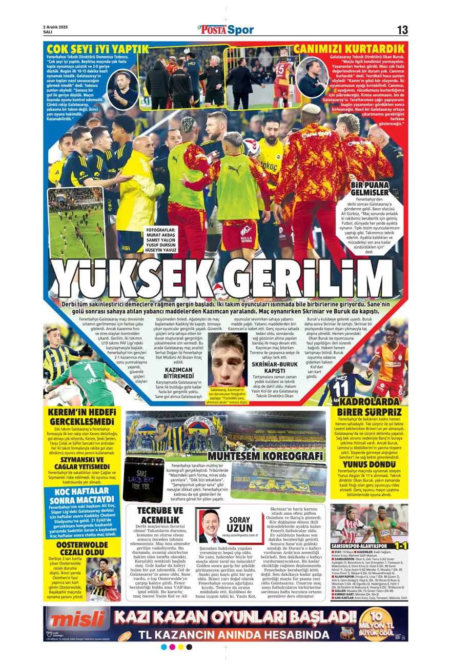 "Aslan salladı, Kanarya yıkılmadı" (2 Aralık 2025 spor manşetleri) 19