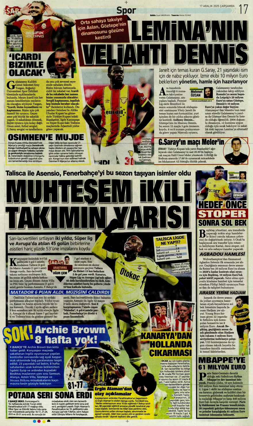 "Lemina'nın veliahtı Dennis" (17 Aralık 2025 spor manşetleri) 20