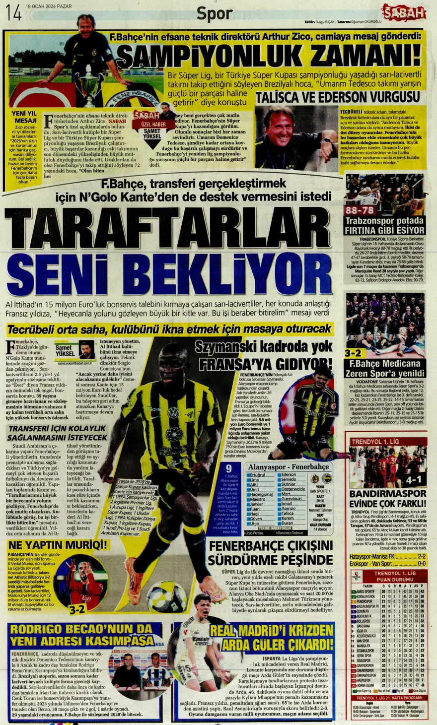 "Yetiş Osimhen" (18 Ocak 2026 spor manşetleri) 8