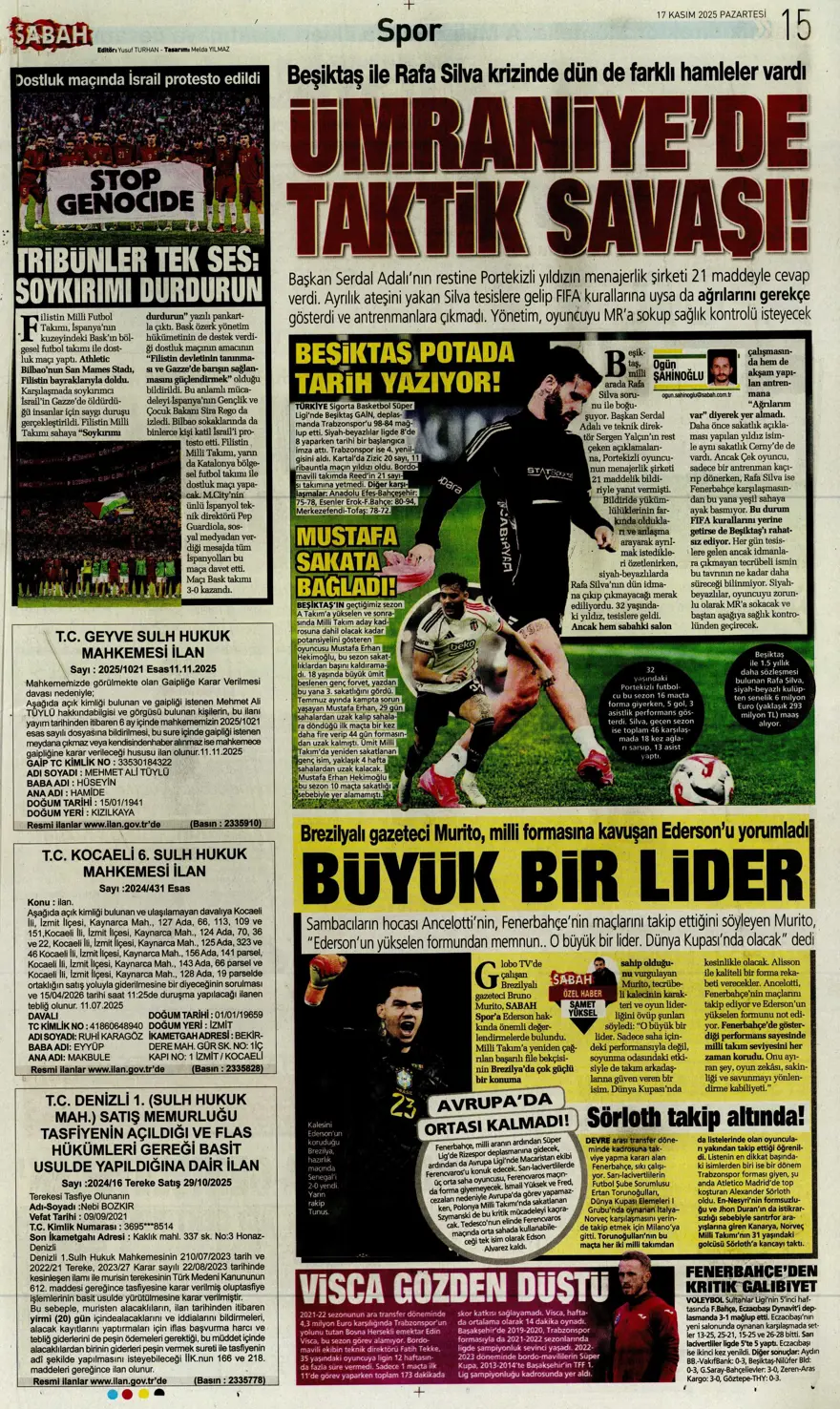 "Yolumuz açık" (17 Kasım 2025 spor manşetleri) 10