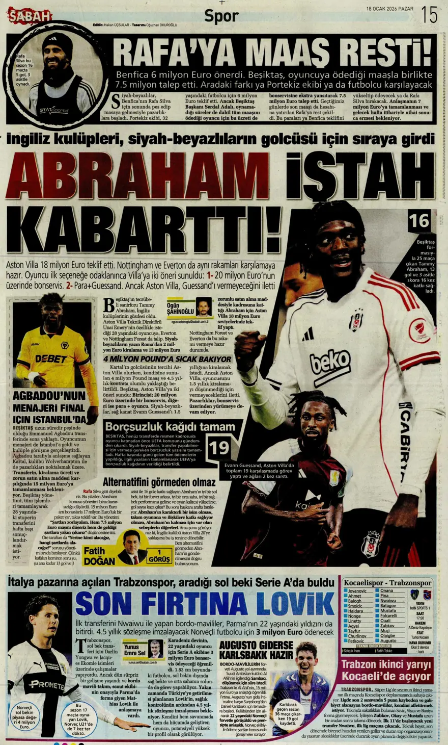 "Yetiş Osimhen" (18 Ocak 2026 spor manşetleri) 21