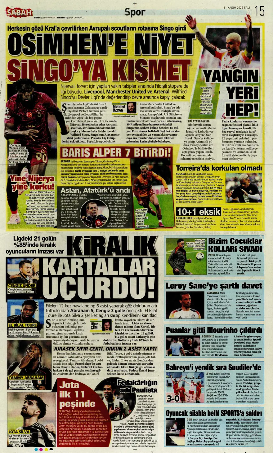 "Osimhen'e niyet, Singo'ya kısmet" (11 Kasım 2025 spor manşetleri) 