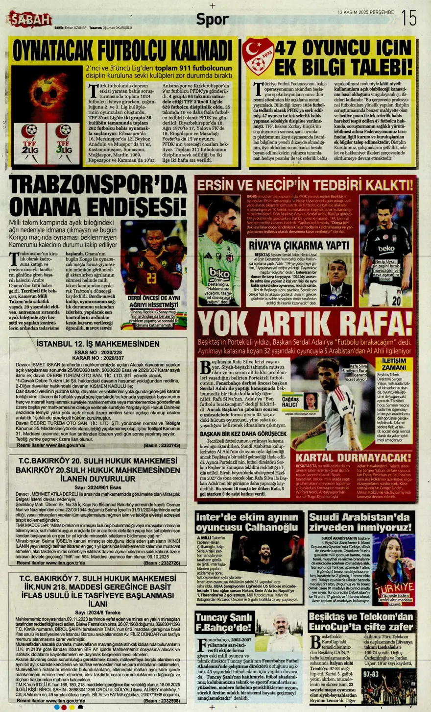 "Lewandowski bombası" (13 Kasım 2025 spor manşetleri) 9